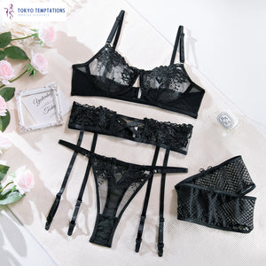 Sexy Flower Embroidery Lace Lingerie Set Black