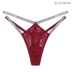 High Waist Double Belt Thong Red