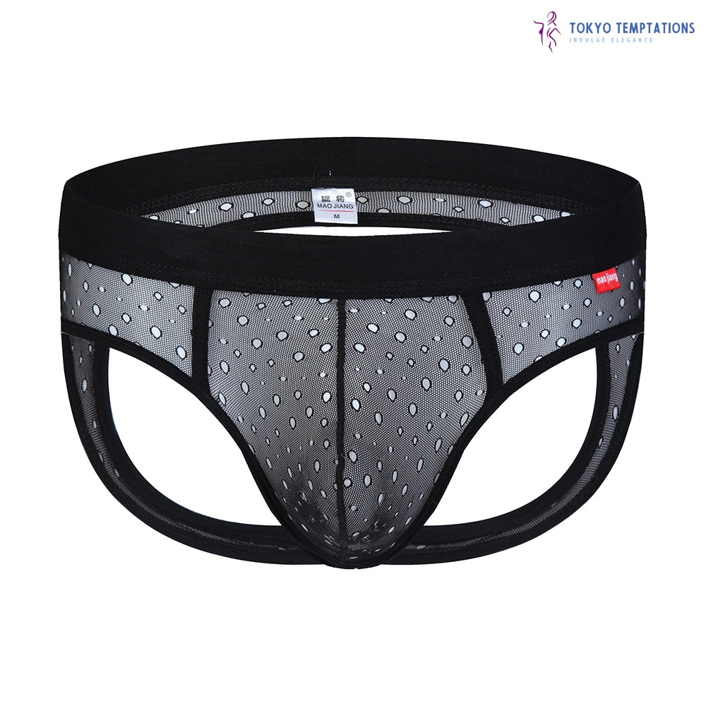 Sexy Transparent Hole Men's Jockstrap Briefs Black