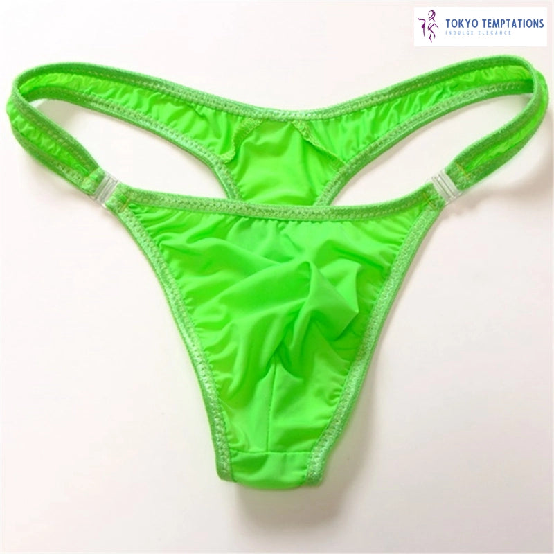 Translucent Mens Nylon Thongs Button Bikini Briefs Green