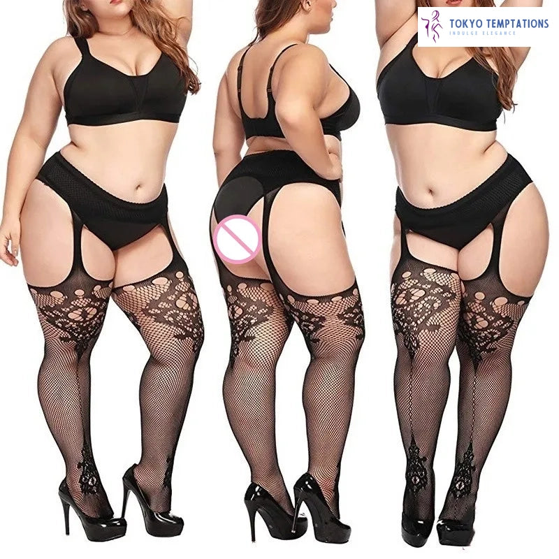 Sexy Black Lace Thigh High Stockings - Plus Size Black