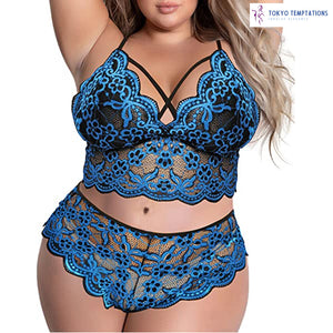  Lace Embroidery Bra & Brief Set 4XL Blue