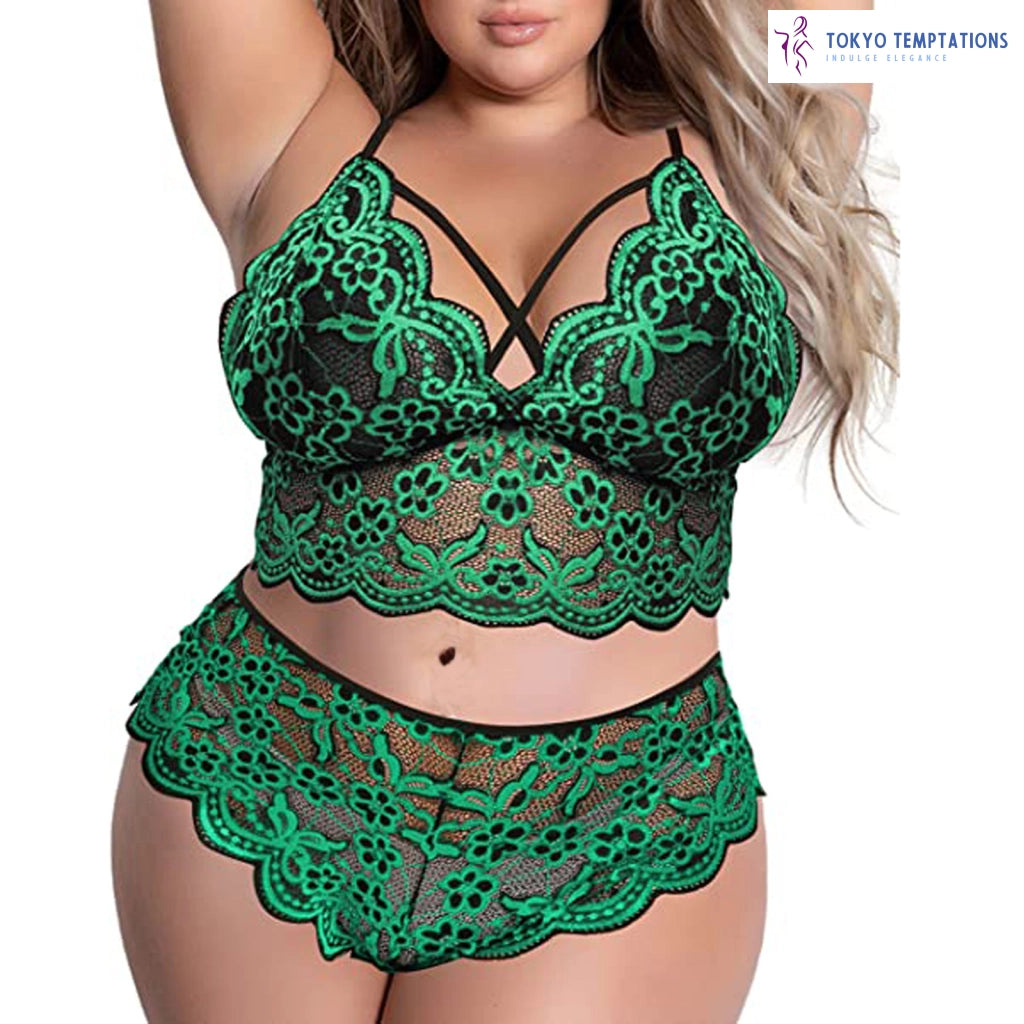 Lace Embroidery Bra & Brief Set 4XL Green