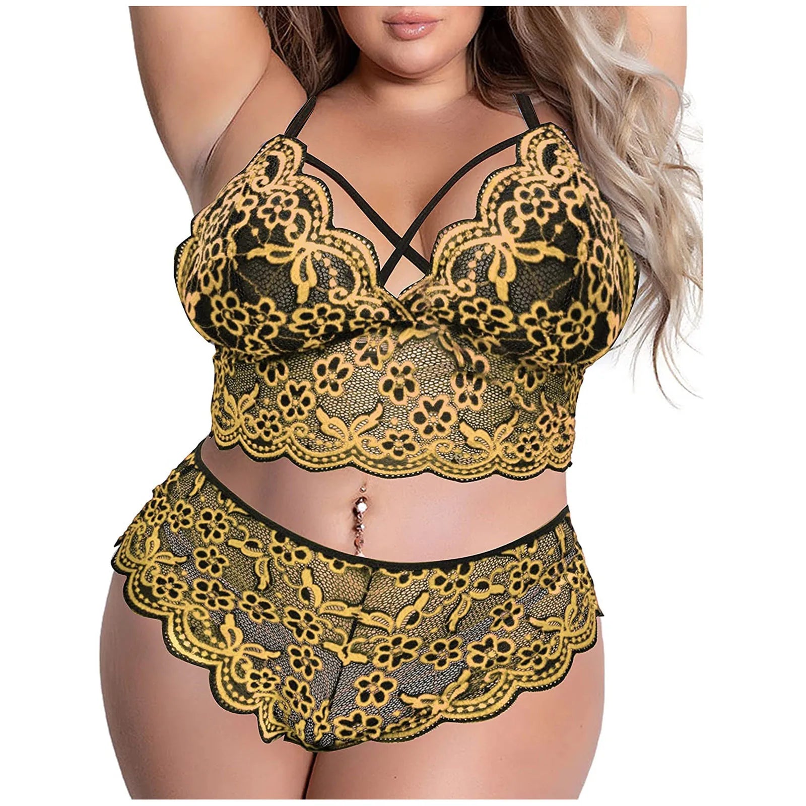 Lace Embroidery Bra & Brief Set 4XL Yellow