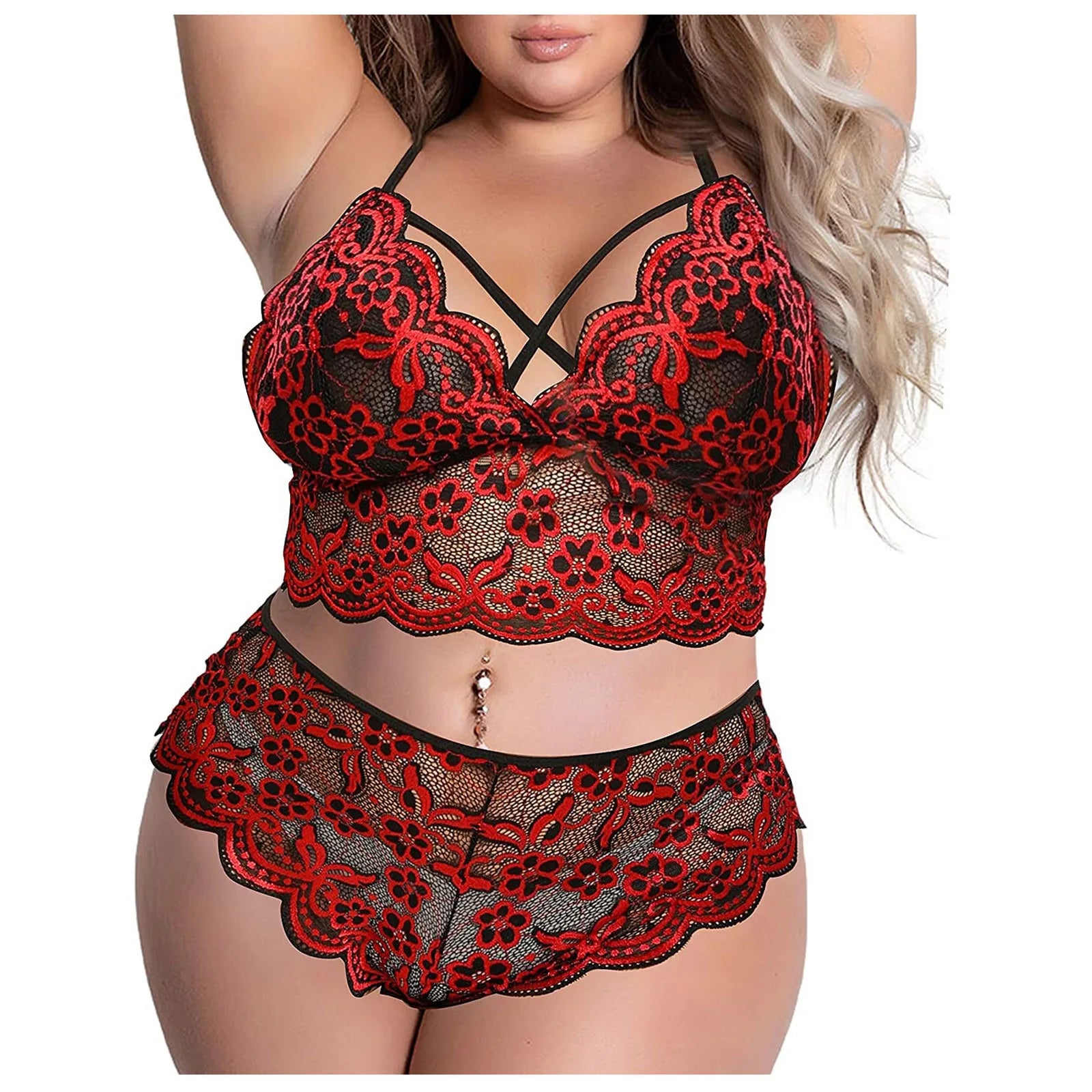 Lace Embroidery Bra & Brief Set 4XL Red