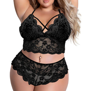 Lace Embroidery Bra & Brief Set 4XL Black